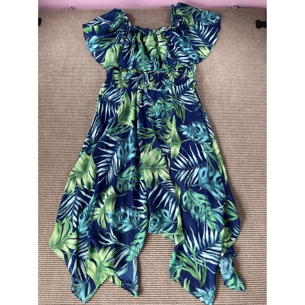 Rabbit Rabbit Designs Tropical Palm Leaf Off Shoulder Handkerchief Dress XL Blue - Picture 5 of 8